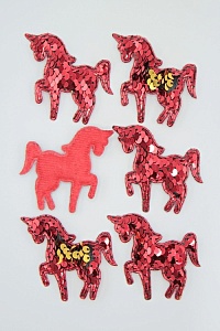 Патч 3D,  с двухсторон. пайетками &quot;Единорог&quot; 6*5 см (10 шт) SF-1888, красный