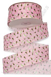 Лента репсовая 4 см*25 ярд с рисунком &quot;Пчёлки&quot; SF-6130, розовый