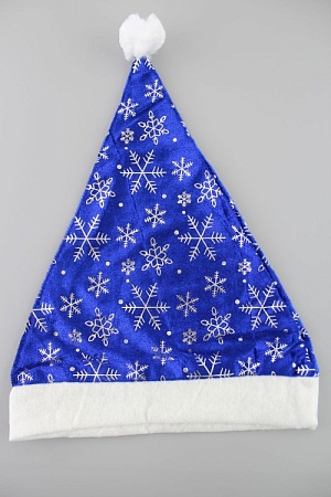 Новогодний колпак Деда Мороза со снежинками (12 шт) SF-1716, синий/серебро
