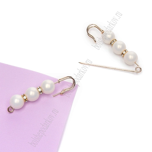 Булавка с 3 бусинами и стразами 5,8 см (2 шт) SF-8108, белый/золото