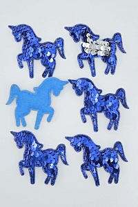 Патч 3D,  с двухсторон. пайетками &quot;Единорог&quot; 6*5 см (10 шт) SF-1888, синий