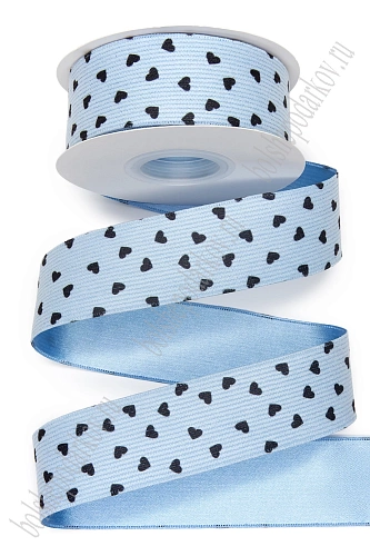 Лента вельвет/атлас &amp;quot;Сердечки&amp;quot; 3,8 см*10 ярд (SF-8058) голубой №8