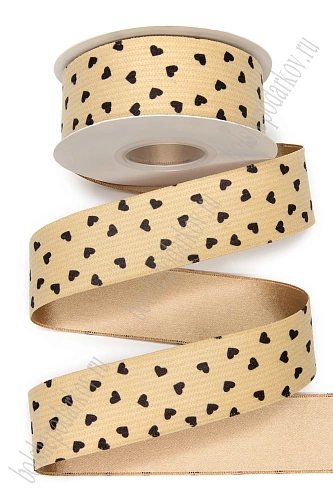 Лента вельвет/атлас &amp;quot;Сердечки&amp;quot; 3,8 см*10 ярд (SF-8058) бежевый №5