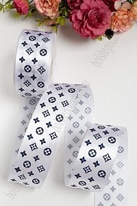 Лента атласная с рисунком 4 см (SF-172/Л) белый/темно-синий