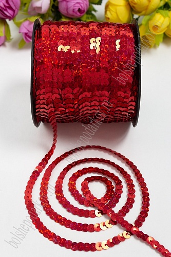 Пайетки 6 мм на нитке (голографические) SF-3068, красный