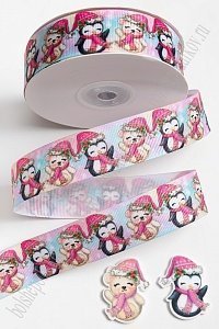 Лента репсовая 2,5 см*25 ярд с рисунком &quot;Пингвинчик и мишка&quot; SF-6131