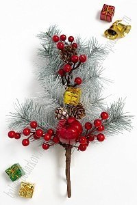 Веточка декоративная 33 см "Ель заснеженная с декором" (SF-3541)