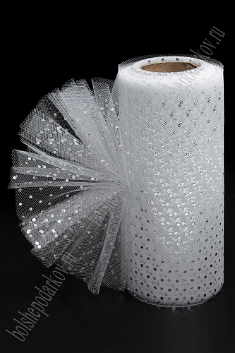 Фатин &amp;quot;Горошек&amp;quot; 15 см*25 ярд (SF-3778) белый/серебро