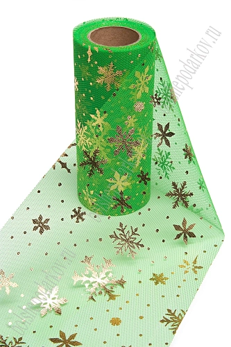 Фатин &amp;quot;Снежинки&amp;quot; 15 см*15 ярд (SF-3776) зеленый/золото