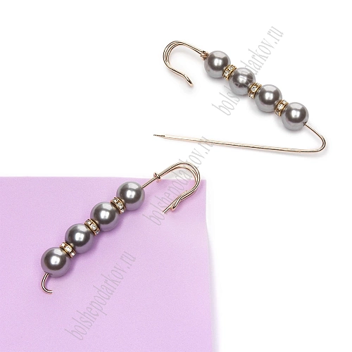 Булавка с 4 бусинами и стразами 8 см (2 шт) SF-1252, серый/золото