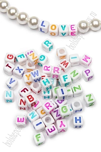 Бусины квадратные "Буквы английские" 6 мм (500 гр) SF-7265, белый/микс