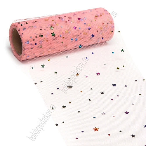 Фатин с пайетками &amp;quot;Звездочки&amp;quot; 15 см*10 ярд (SF-2945) розовый персик №17