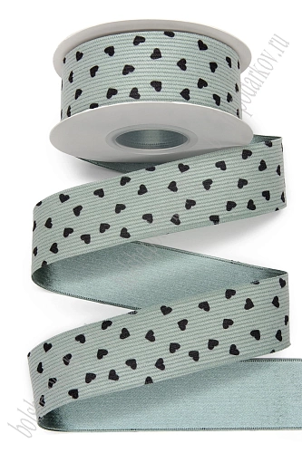 Лента вельвет/атлас &amp;quot;Сердечки&amp;quot; 3,8 см*10 ярд (SF-8058) пыльно-аквамариновый №6