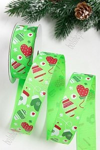 Лента репсовая 2,5 см с рисунком &quot;Варежки&quot; SF-5766, салатовый №226