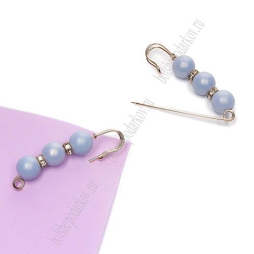 Булавка с 3 бусинами и стразами 5,8 см (2 шт) SF-8108, голубой/золото