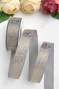 Лента репсовая 2,5 см*20 ярд &quot;Узор&quot; SF-5852, серый/золото №03