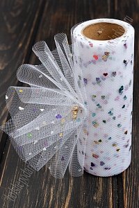 Фатин с пайетками &quot;Сердечки&quot; 15 см*10 ярд (SF-2946) белый