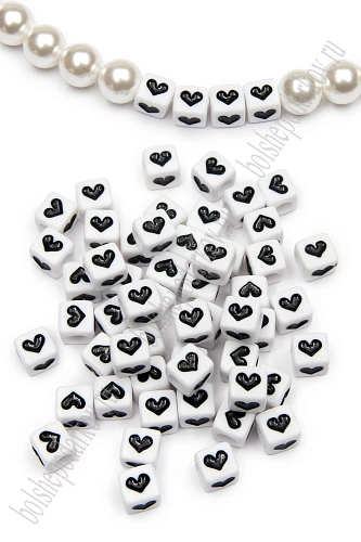 Бусины квадратные &amp;quot;Сердечки&amp;quot; 6 мм (50 гр) SF-7265, белый/черный