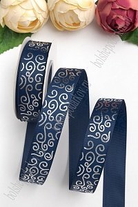 Лента репсовая 2,5 см*20 ярд &quot;Узор&quot; SF-5852, темно-синий/серебро №38