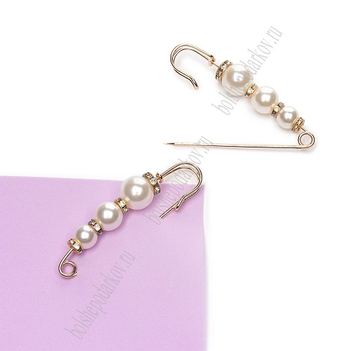 Булавка с 3 бусинами и стразами 7 см (2 шт) SF-1251, белый/золото