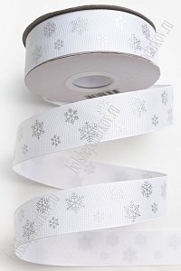 Лента репсовая 2,5 см*20 ярд &quot;Снежинки&quot; (SF-6132) белый/серебро