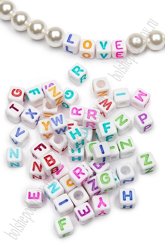 Бусины квадратные &amp;quot;Буквы английские&amp;quot; 6 мм (50 гр) SF-7265, белый/микс