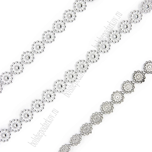 Тесьма декоративная &amp;quot;Ромашки&amp;quot; 1 см*10 ярд (SF-686) серебро