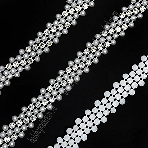 Тесьма декоративная полубусины со стразами 1,5 см*5 м (SF-7801) айвори