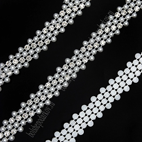 Тесьма декоративная полубусины со стразами 1,5 см*5 м (SF-7801) айвори