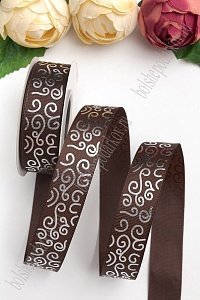 Лента репсовая 2,5 см*20 ярд &quot;Узор&quot; SF-5852, шоколадный/серебро №136