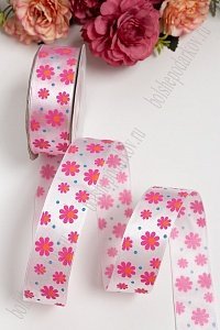 Лента атласная 2,5 см "Ромашки" SF-1325, белый №01 Лента атласная 2,5 см "Ромашки" SF-1325, белый №01